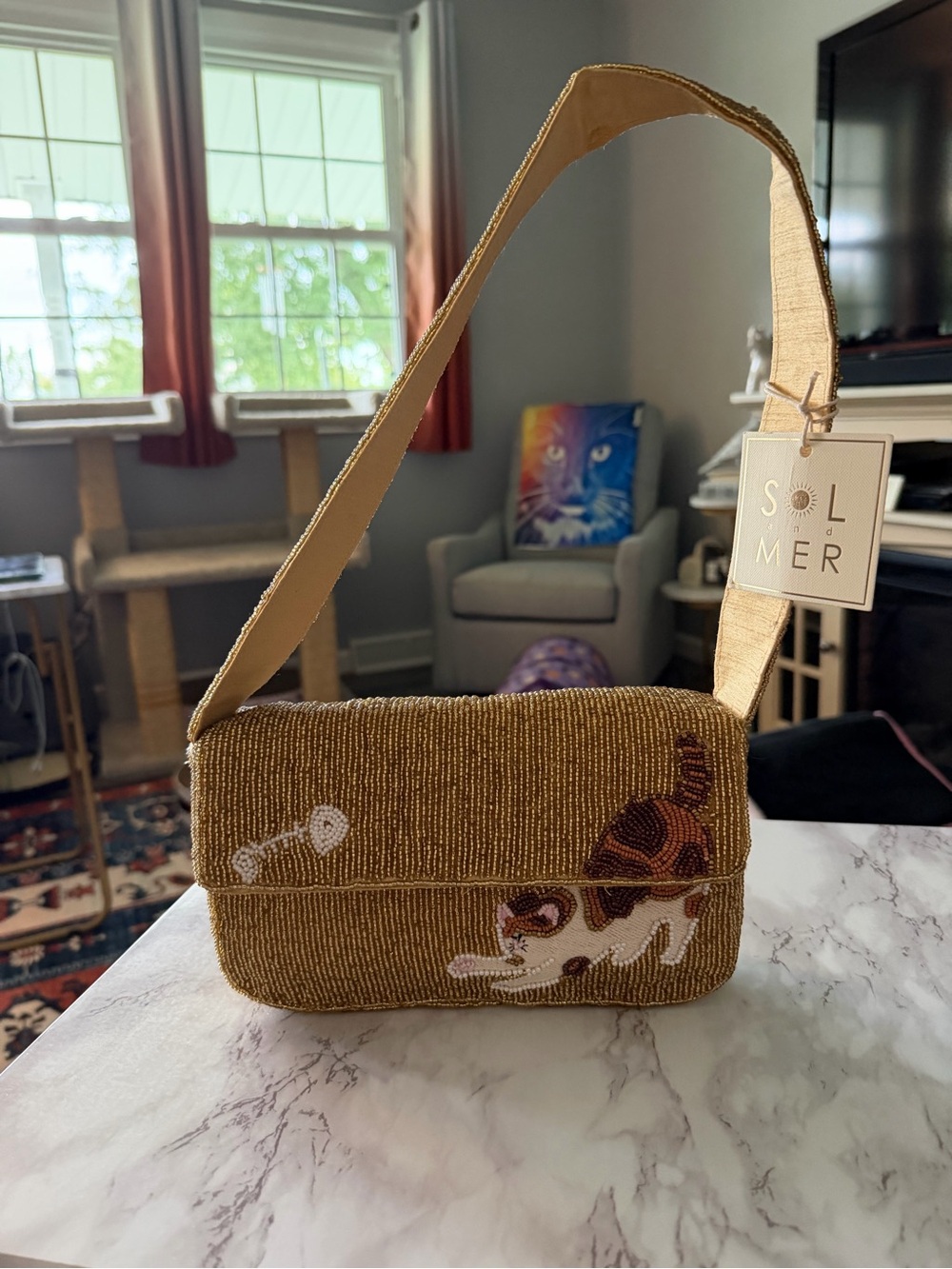 Sol & Mer Beaded Shoulder Bag with Cat Embroidery